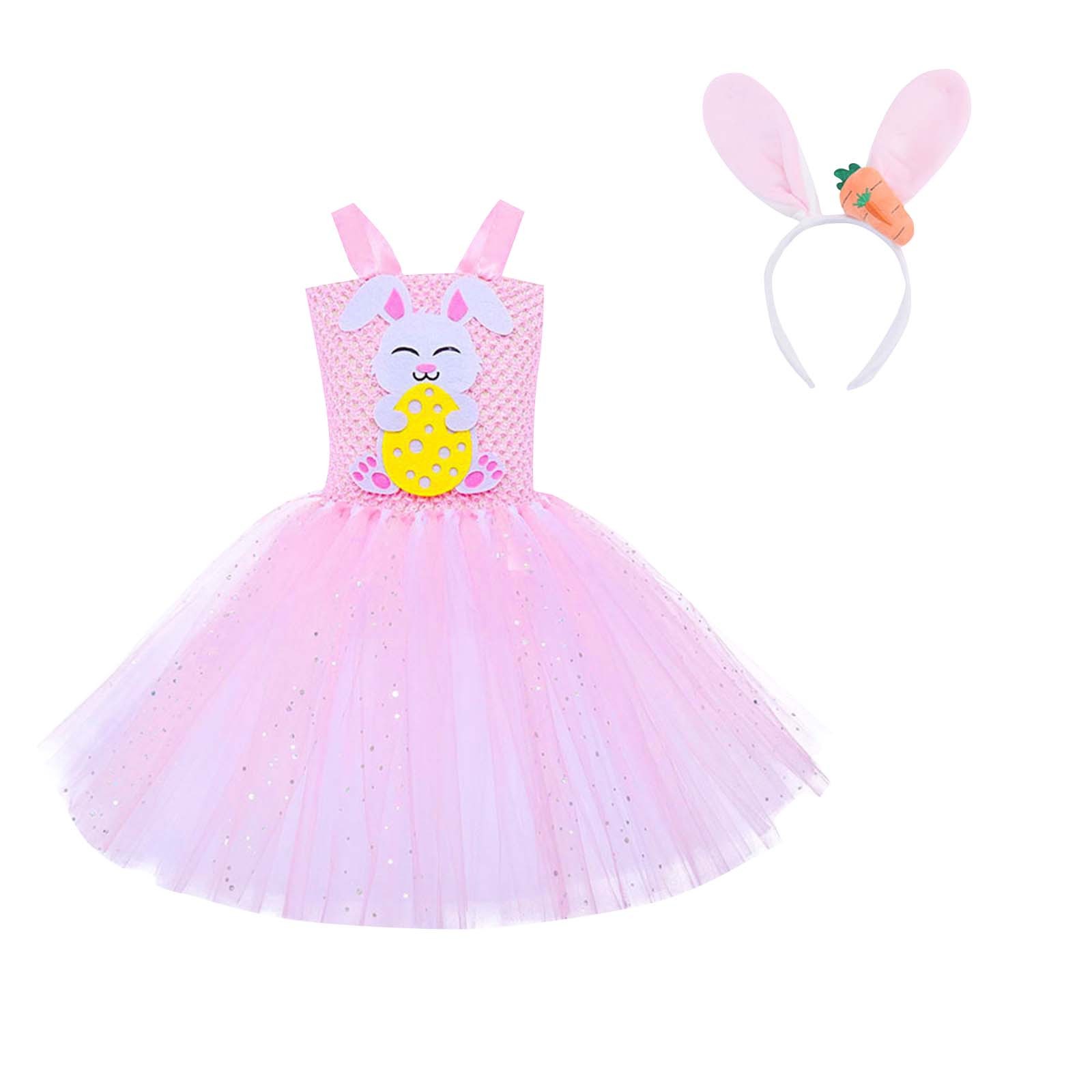 Ugoldhm Toddler Girls Cute Easter Dresses Summer Sleeveless Princess Dress with Hairband 2 Piece Set 3-11 Years